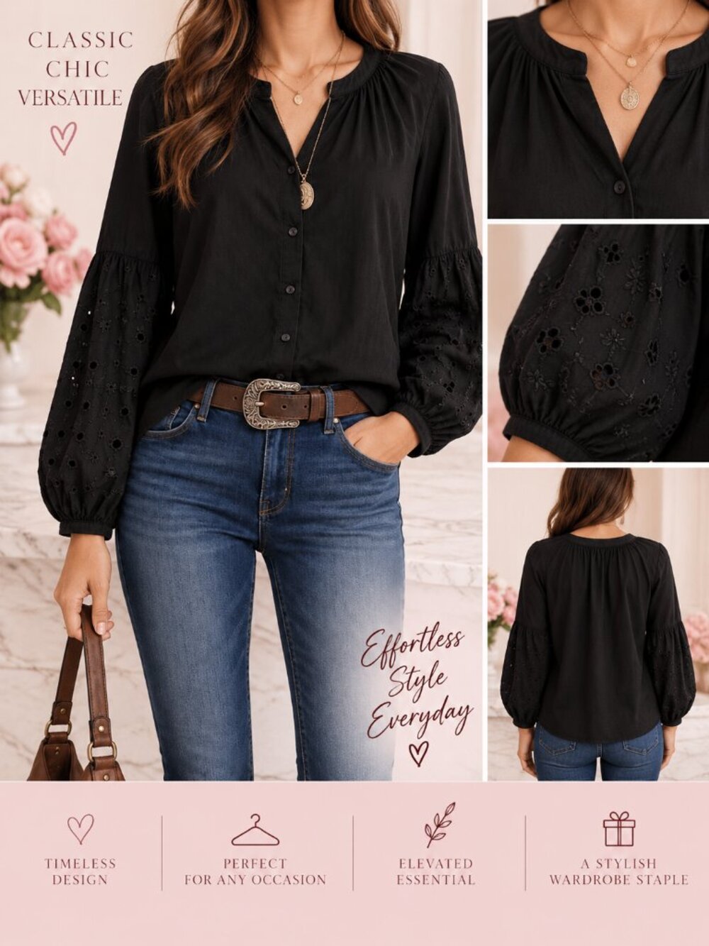 Old Navy Black Button-Up Blouse w/ Lace Sleeves Size M